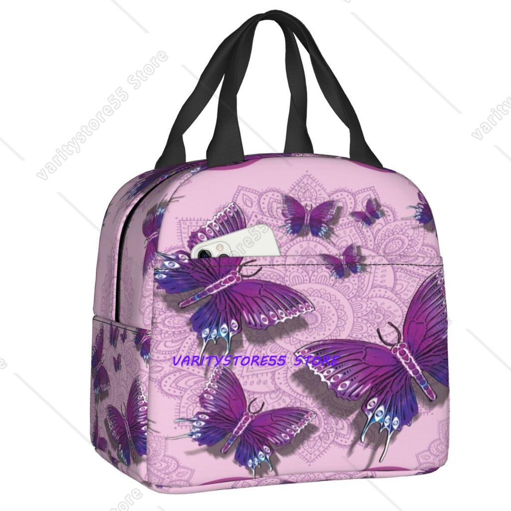 Custom Purple Colorful Butterfly Insulated Lunch Bags for Work School Waterproof Cooler Thermal Lunch Box Women Kids