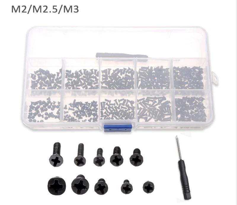 500pcs M2 M2.5 M3 Screw Flat Head Phillips Machine Screws Laptop Notebook Screws Set Kit Computer Laptop Small Black Bolts
