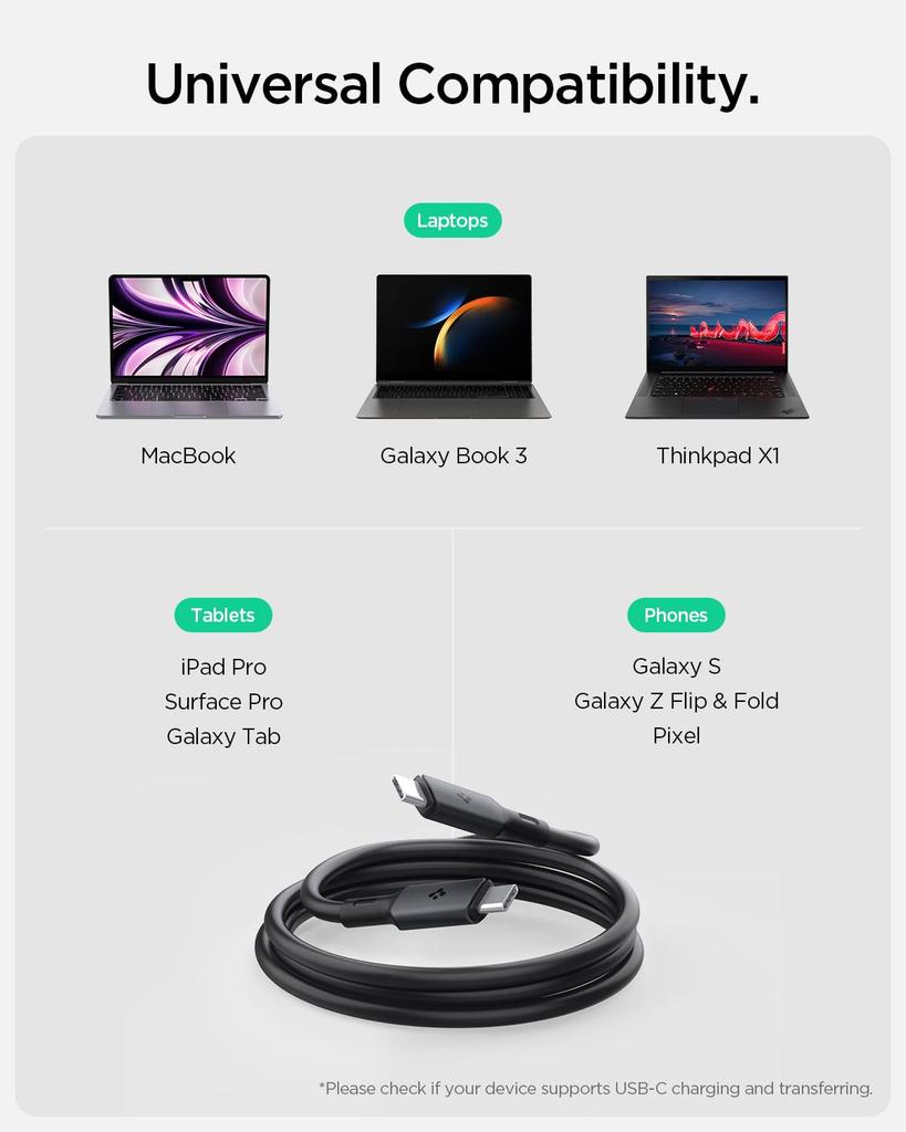 Кабель Spigen Thunderbolt 4 на USB4, 2 м, 240 Вт [USB-C PD3.1 EPR 240 Вт, USB4 Gen3, 40 Гбит/с] для MacBook Pro Air, Dell XPS, HP, Lenovo ThinkPad, Asus iPad