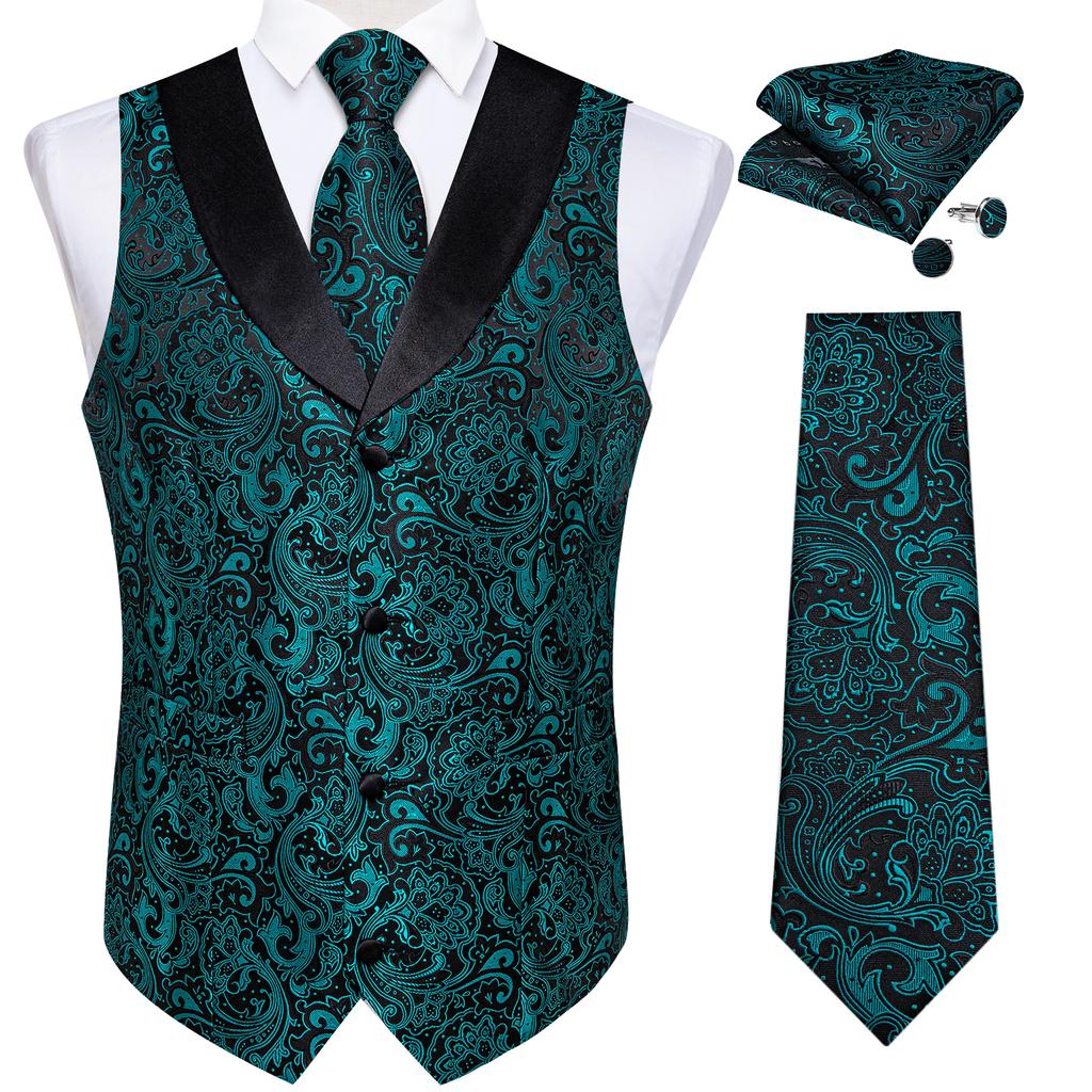 Mens Silk Slim Waistcoat Dark Purple Paisley Wedding Suit Vest Tie Cufflinks Set