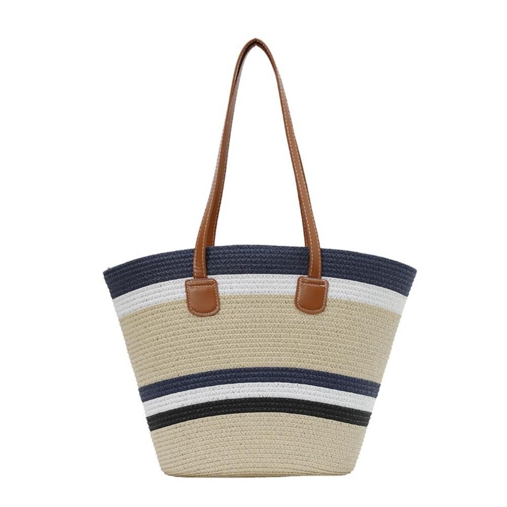Large Capacity Shopping Straw Bag Polyester Summer Beach Handbag Stripe Woven Tote Bag Female