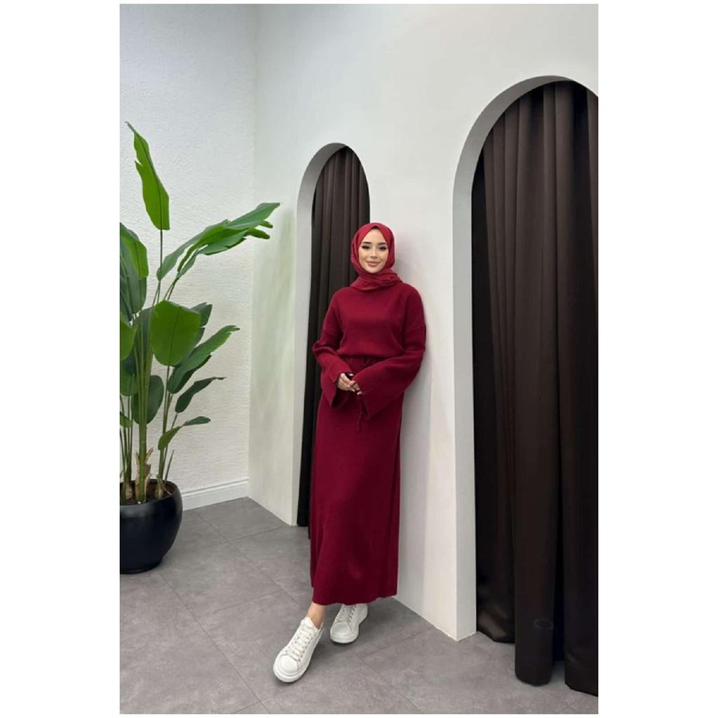 10numberamoda Женское длинное вязаное платье с рукавами «летучая мышь» бордово-красное