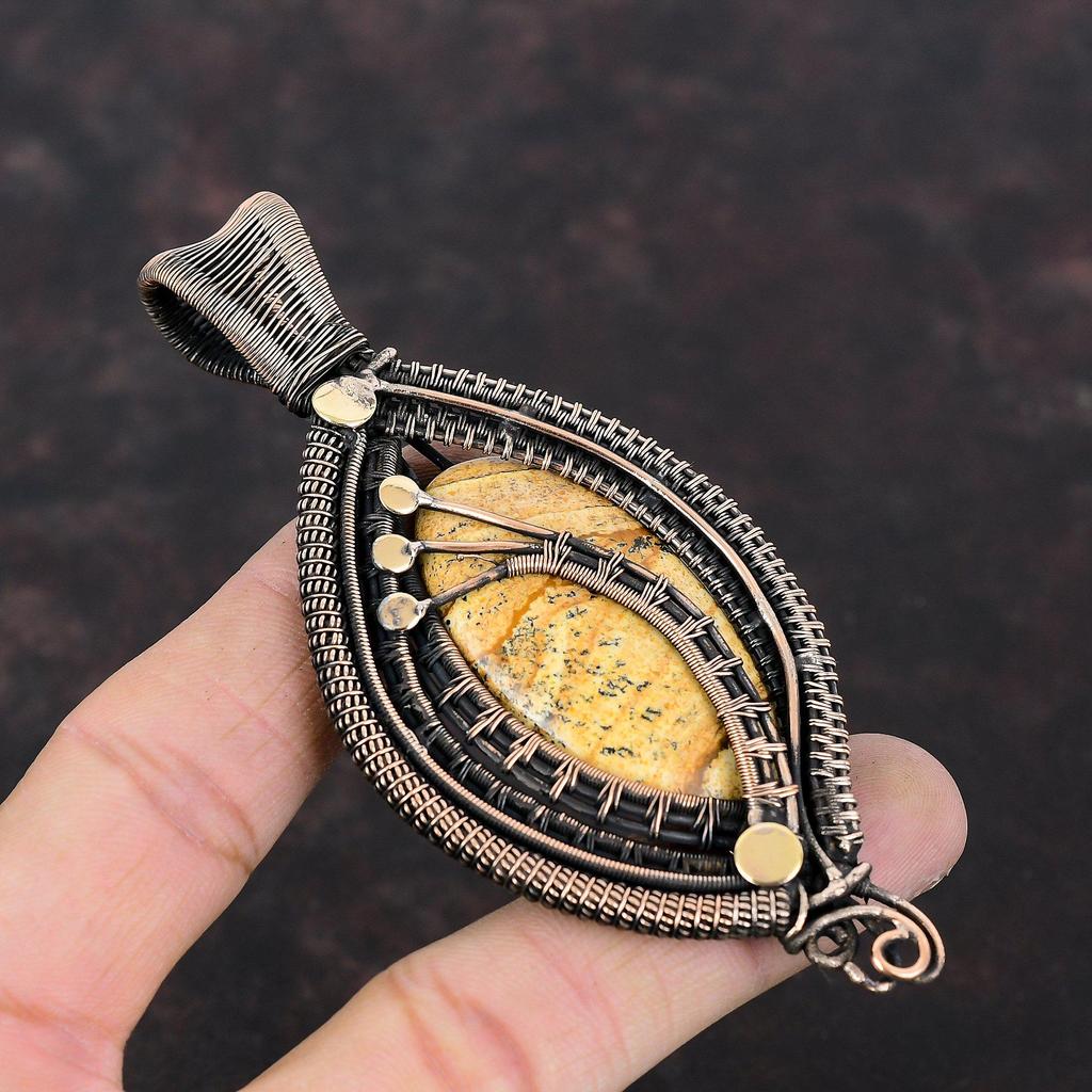 Подвеска из яшмы-картины, обернутая медной проволокой, Подвеска из драгоценного камня, Медные украшения, Подвеска в уникальном стиле, Украшения ручной работы, Подарок для женщин