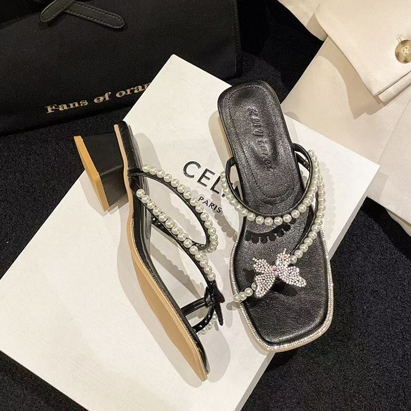 2025 Summer French Toe High Heel Sandals Fairy Wind Bow Rhinestone Retro Thick Heel Cool Slippers New