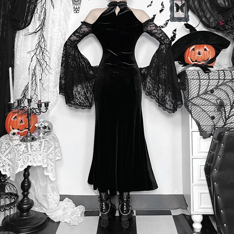 AltGoth Palace Style Готическое бархатное платье для женщин Хэллоуин Fairycore Grunge кружевное пэчворк халтер с высокой талией корсетное платье праздничная одежда