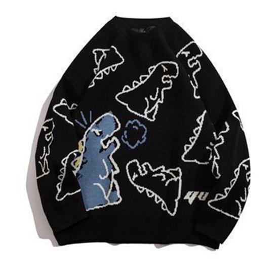 Мужской свитер осень-зима с рисунком динозавра, свободный свитер с круглым вырезом и длинными рукавами, в стиле хип-хоп, средней длины, для повседневной носки, работы, школы, улицы