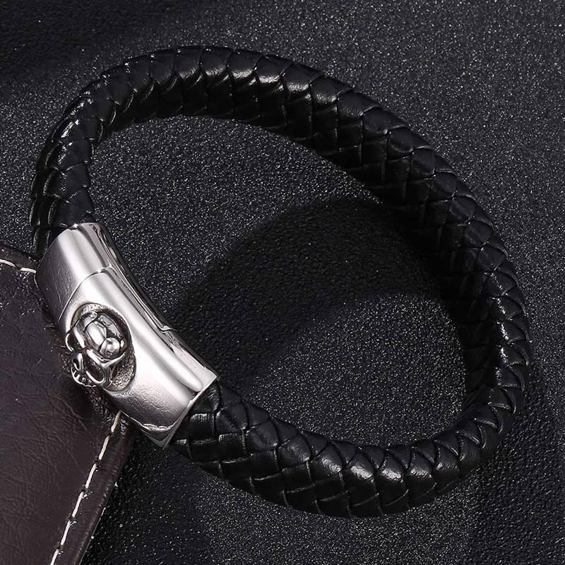 Fashion Man Jewelry Braided Leather Bracelet Skull Head Bracelet Stainless Steel Clasps Male Wrist Band Gifts