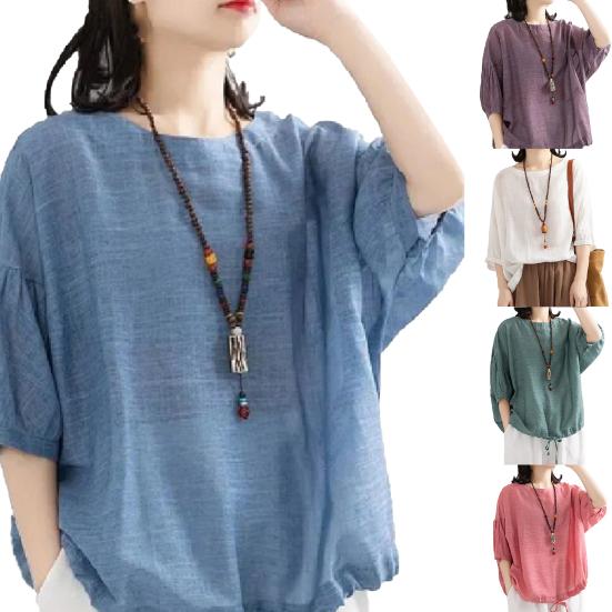 Блузка с коротким рукавом, дышащая хлопковая льняная женская рубашка «летучая мышь», подол, одежда для повседневного ношения