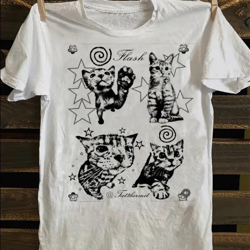 Retro Gothic Style Cat Print Tshirt for Unisex Summer New Style Tshirt Suitable for Both Unisex and Women