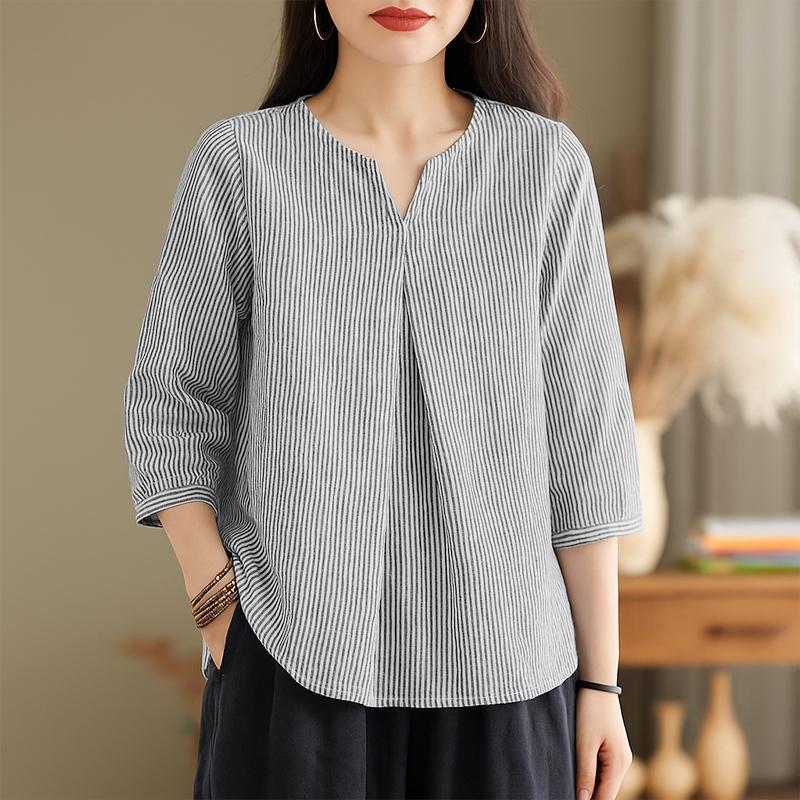 ZANZEA Women Casual V-Neck 3/4 Sleeve Loose Stripe Blouse