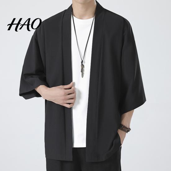 Shirt Coat Men Kimono Japanese Style Solid Color Samurai Costume Regular Fit Asian Clothes Three Quarter Cardigan Jacket Top