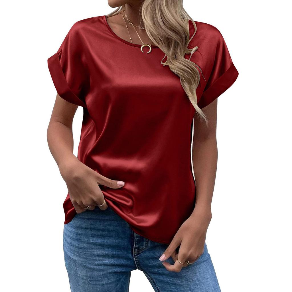 Women's T-Shirt Summer Elegant Solid Round Neck Rolled Short Sleeve Satin Silk Blouse Tops