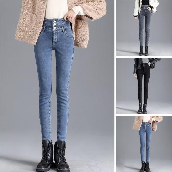 Женские джинсы с высокой талией из искусственного меха и пуговицами на подкладке, облегающие мягкие теплые толстые однотонные брюки-карандаш с карманами