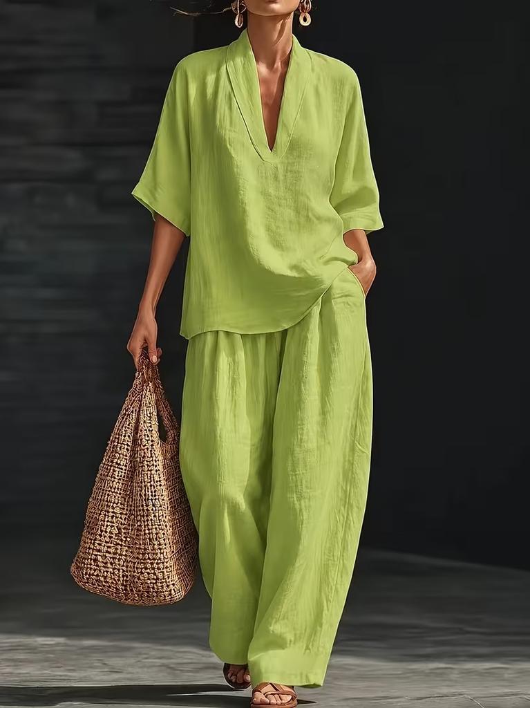 New 1116 European and American fashion women's 1D digital printing casual jacquard short-sleeved V-neck + wide-leg pants set
