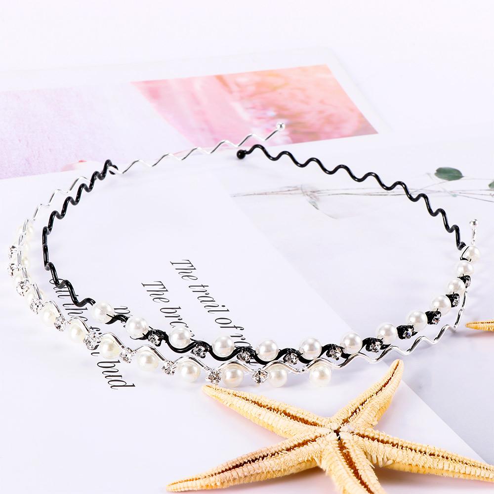 Hair Band Head Chain Accessories Metal for Women Headwear Black Silver Pearl Crystal Wave Hairband