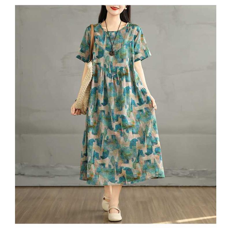 Летнее ретро платье из хлопка и льна с круглым вырезом и короткими рукавами, женская свободная юбка