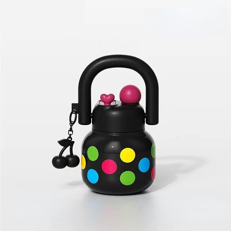 800ML Cute Water Bottle with Decoration, Dual Straws Design, Anti-Lipstick Stain, Detachable Travel Strap, Suitable for Girls