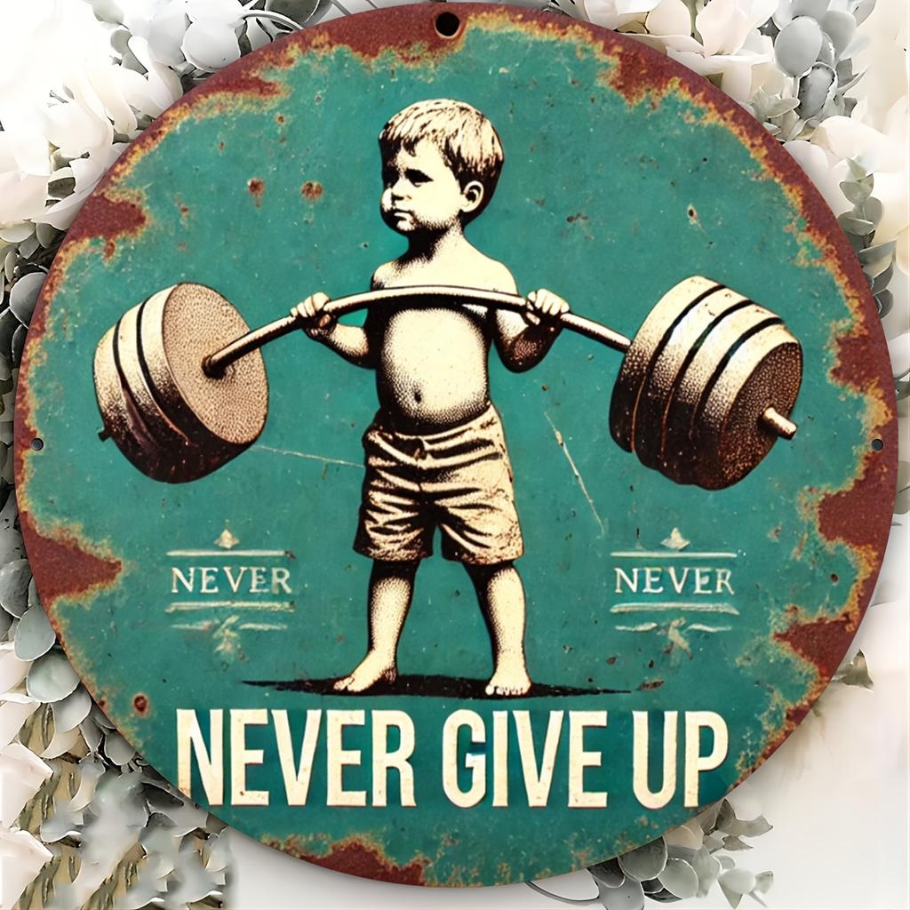 Never Give Up Inspirational Metal Sign pc Durable Iron Round Wall Art Featuring Young Man Lifting Weights Rustic Teal Brow
