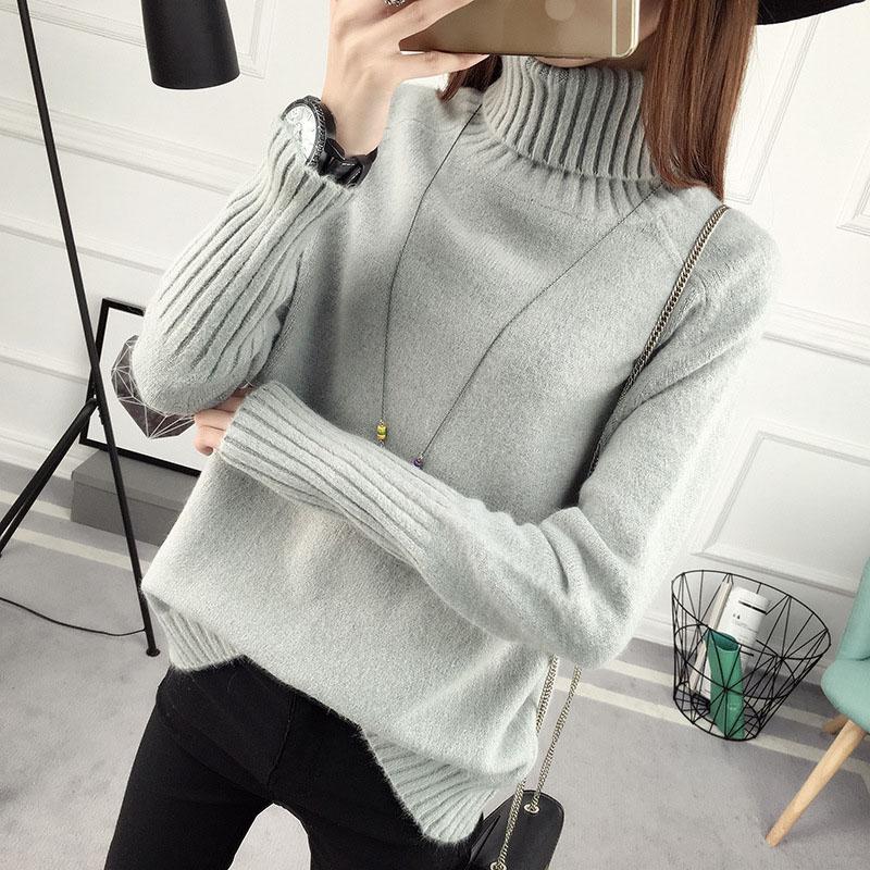 Осенне-зимний женский свитер, рубашка с длинным рукавом, свободный свежий пуловер с высоким воротом, вязаный свитер