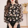 Female Clothing Broken Flowers Blouse Fashion Cut Out Round Neck Spring Long Sleeve Shirring Commute Elegant Bandage Bow Shirt