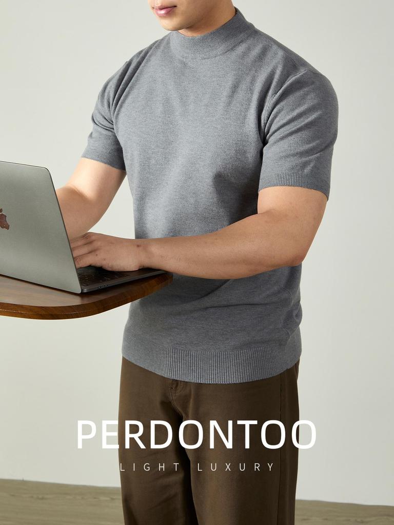 Итальянская легкая роскошь Мужская шерстяная короткорукавная вязаная футболка с высоким воротником для поездок на работу и повседневной носки Осень/Зима