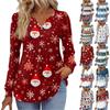 Women's Fashionable Casual V-neck Blouse Button Christmas Printed Long-sleeved Pullover T-shirt Top