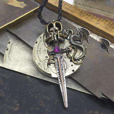 Уникальный креативный винтажный череп Migic меч с крыльями дракона с веревкой, кулон, длинная цепочка, мужское медное ожерелье, ювелирные изделия