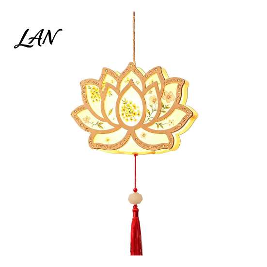 Traditional Chinese Style Decor DIY Ancient Lantern Kit, Light Up Handheld with LED String & Quaint Wooden Frame Tassel, Rabbit Butterfly Lotus
