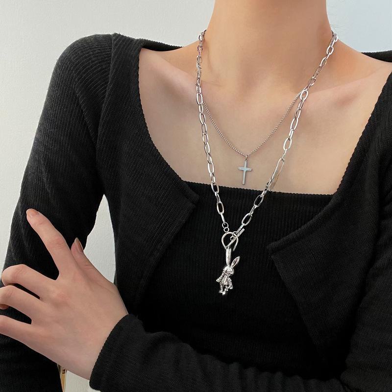 Double-Layer Punk Rabbit Cross Necklace - Unisex Hip-Hop Style