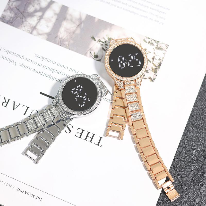 Сенсорный экран, светодиодные цифровые женские часы со стразами, женские наручные часы из нержавеющей стали, кварцевые часы