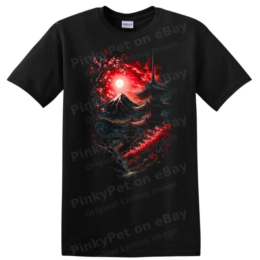 Japanese Style Mountain Sunset T Shirt Artistic Landscape Cherry Blossom Tee