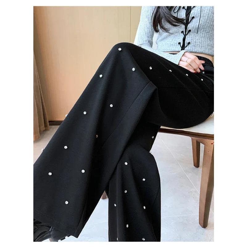 Heavy Industry Hot Diamond Wide Leg Pants for Women's Spring New Casual High Waist Loose Straight Tube Drop Floor Dragging Pants