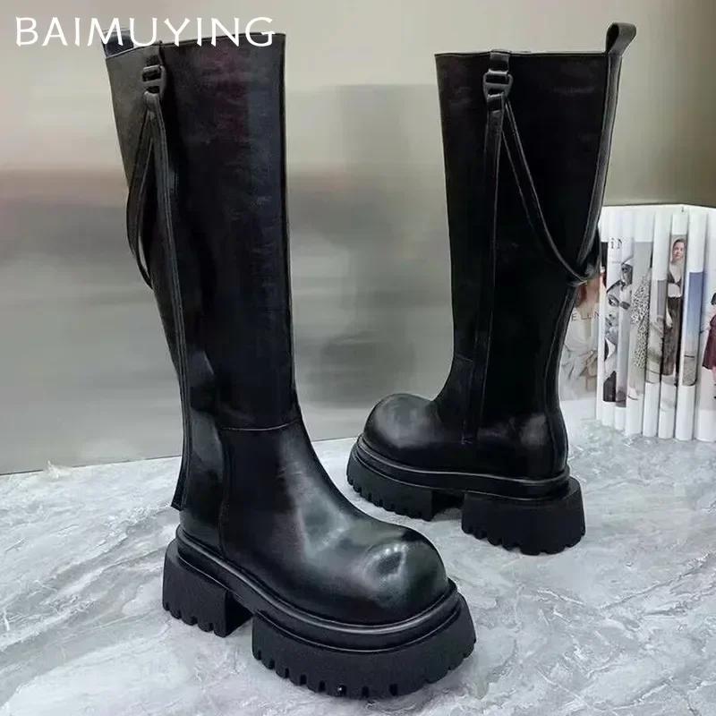 Женские высокие сапоги на платформе, массивные высокие каблуки, кожаные туфли, женская зимняя мода 2024 года, готические мотоциклетные ботинки, зимние челси, Botas Mujer