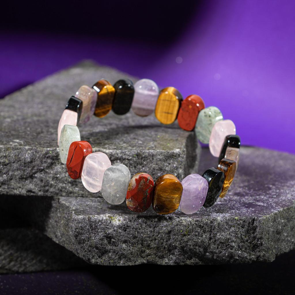 Браслет Девы Аметист, Золотой обсидиан, Тигровый глаз, Лабрадорит, Розовый кварц, Моховой агат