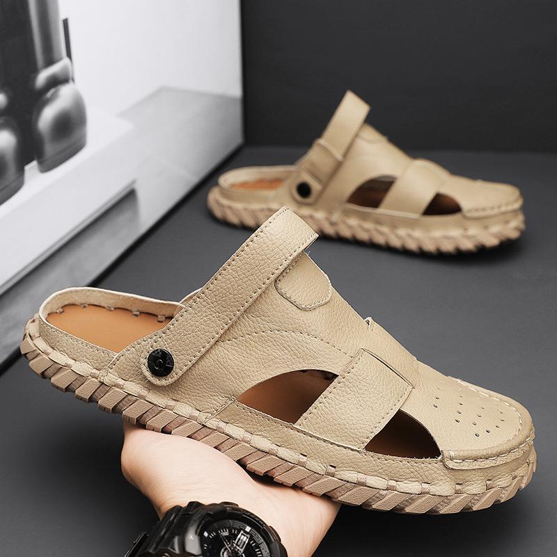 Men's Sandals Solid Black and Khaki Leather Men Summer Shoes Casual Comfortable Open Toe Sandals Soft Beach Footwear Male Shoes