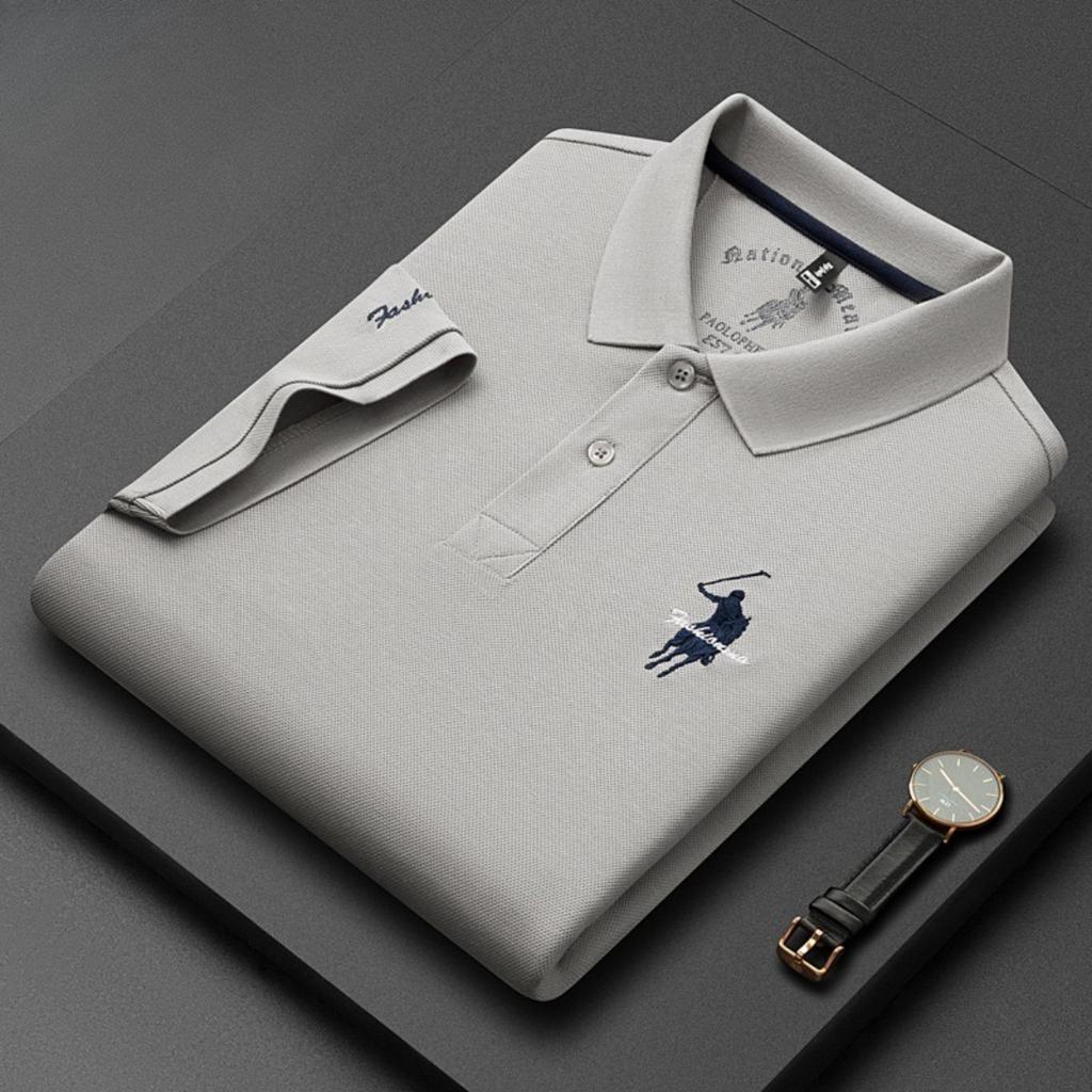 Trend Hub Роскошная вышивка Мужская рубашка поло Тонкая дышащая 100% хлопок Черный Темно-синий Лацкан С коротким рукавом Топы Брендовая одежда