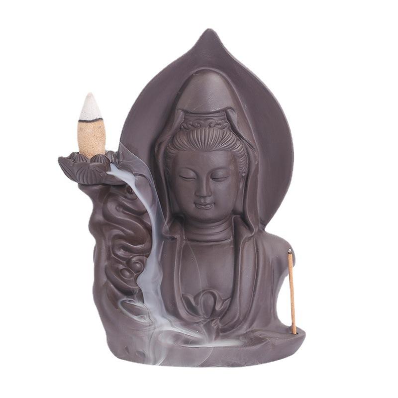 Purple Clay Avalokitesvar Handicrafts Buddha Waterfall Backflow Incense Burner Home Decor Incense Stick Holder Ceramic Censer