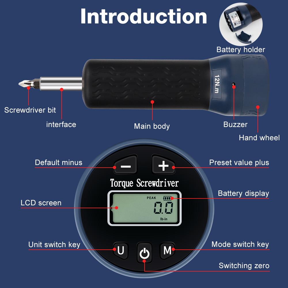 1,2-12 Н·м Цифровой динамометрический ключ Цифровая динамометрическая отвертка 1/4" Приводная отвертка-ключ с набором из 10 бит для ремонта велосипеда