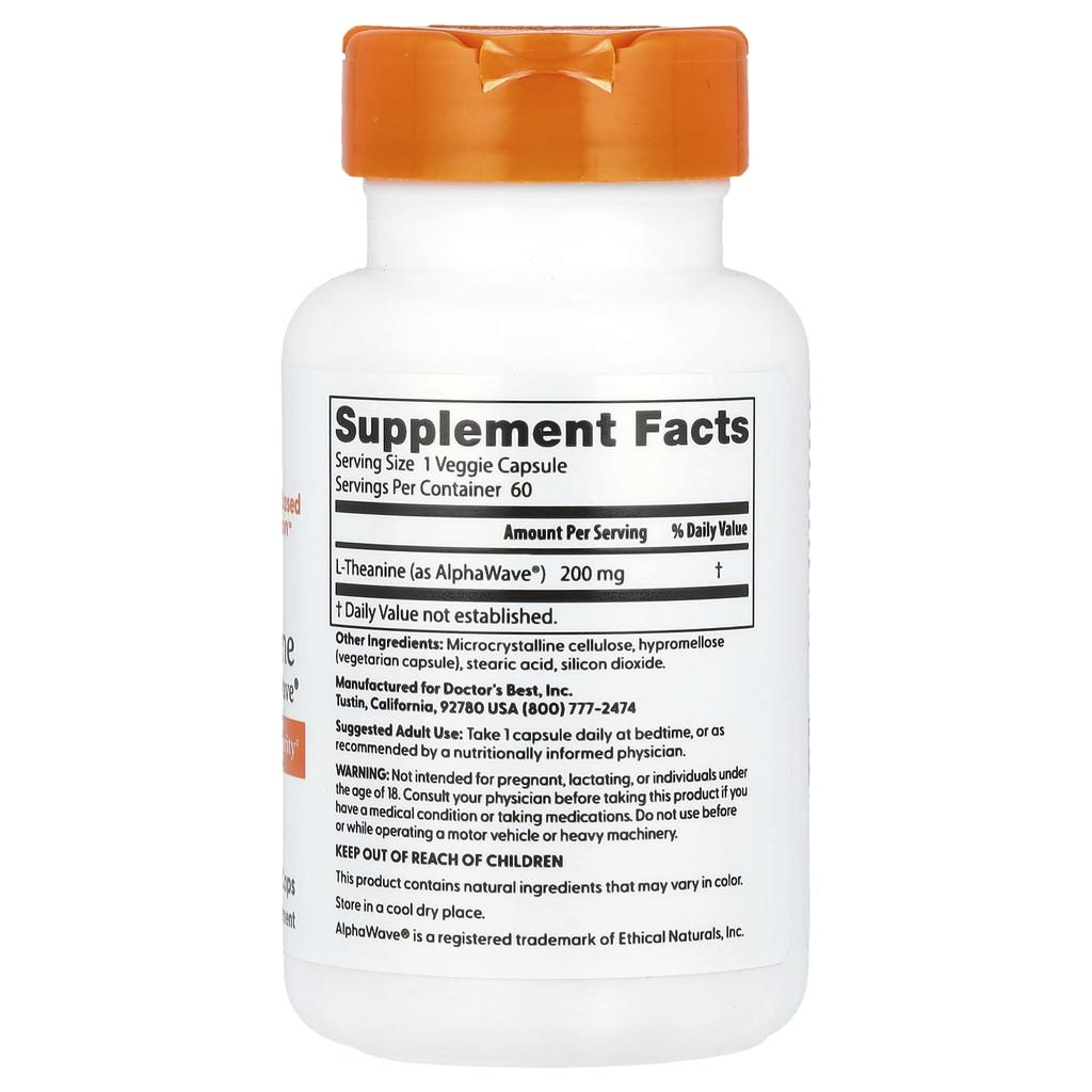 Doctor's Best L-Theanine, Alphawave®, 200Mg, 60 Veggie Caps