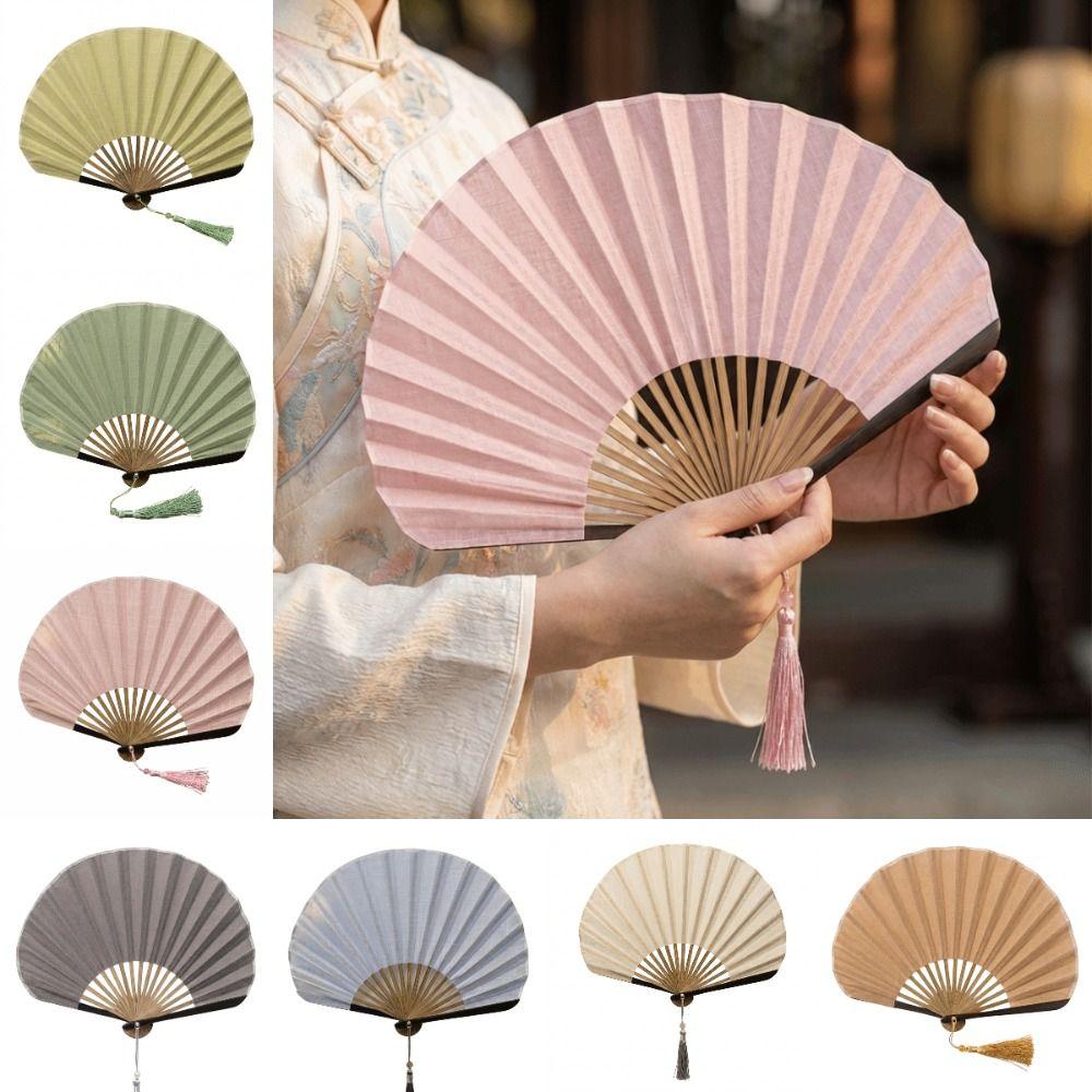 Solid Color Retro Mini Shell Fan Cotton Linen Cloth New Chinese Style Fan Dance Props