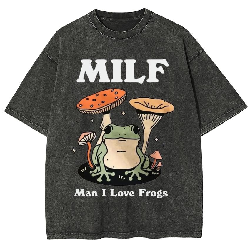 Футболки мужские и женские с принтом лягушки и гриба, унисекс, джинсовая ткань, большой размер, короткий рукав, винтажный топ, потертый