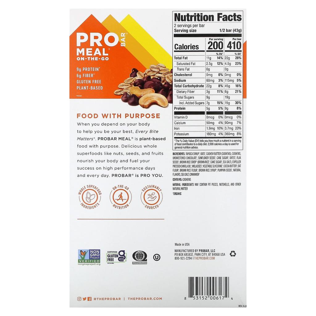 ProBar Meal-on-the-Go, Oatmeal Chocolate Chip, 12 Bars, 3 Oz (85 G) Each