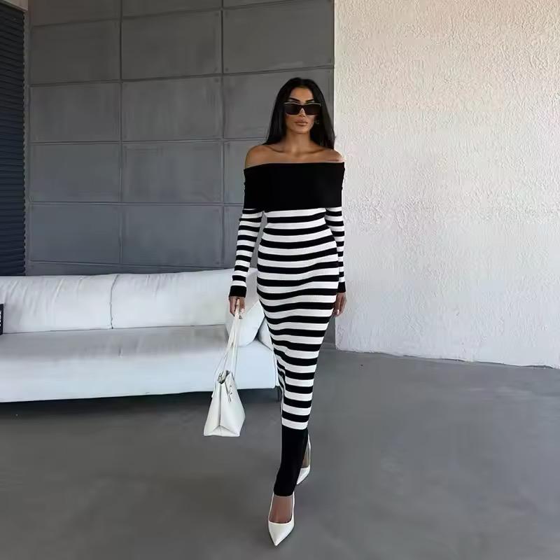 Платье-футляр с открытыми плечами Falda Sexy Mujer Slash Neck Striped Color Block Slim Knitted Bodycon Dress Autumn Wrapped Dresses ChicDresses