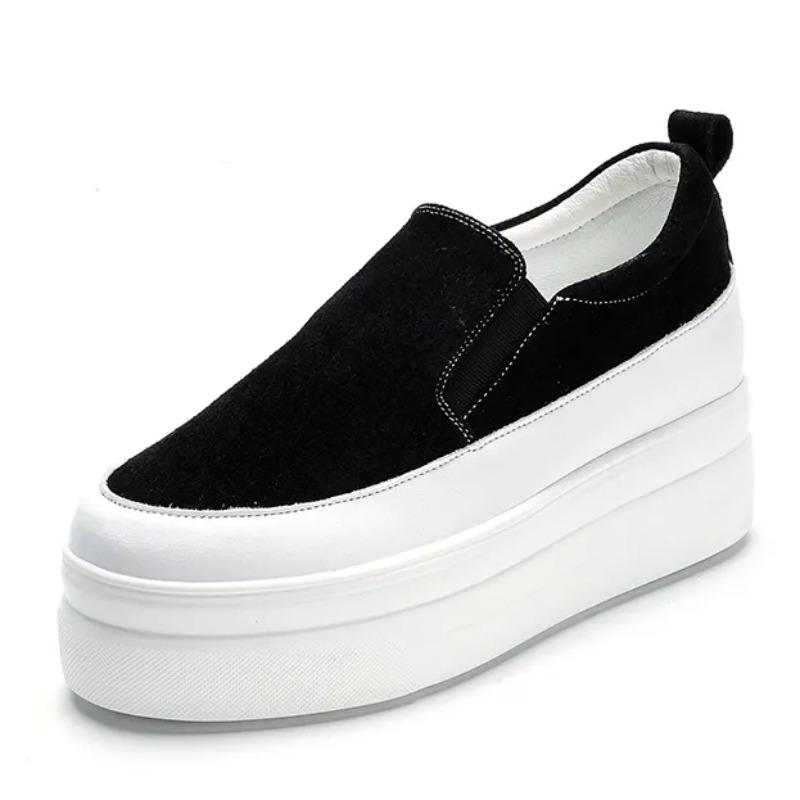 Модные женские туфли из натуральной кожи на платформе, танкетке, кроссовки на толстой подошве, слипоны, черные женские повседневные туфли слипоны, весна-осень