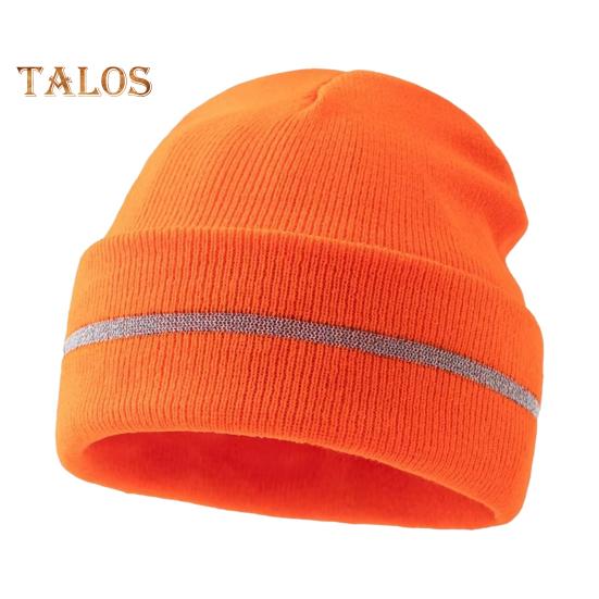 Men Outdoor Hat with Reflective Stripe High Elasticity Keep Warm Solid Color Folded Brim Nocturnal Sport Cap High-Visibility Knitted Headwear for