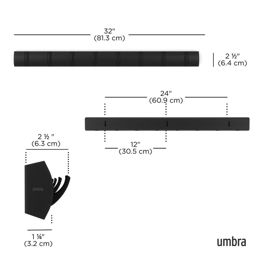 Official Umbra Wall Wall Storage FLIP 2318858040 Hooks, Hanger, Hooks, Wooden, Black, 8-Row HOOK,