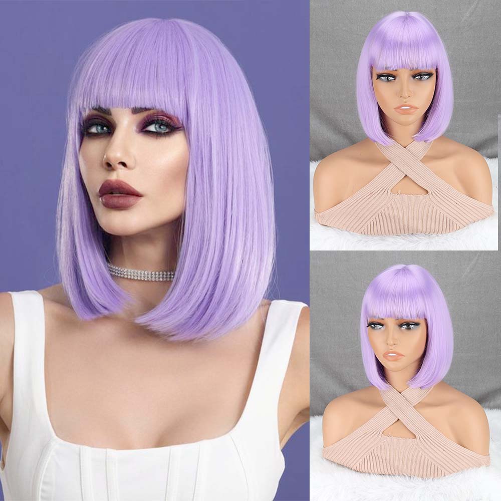 MISS WIG Короткий прямой парик с челкой, синтетический парик фиолетового цвета для женщин, повседневная одежда, косплей