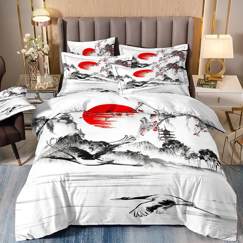 3D Three-Piece Ukiyo-E Painting Wave Flower Quilt Cover Digital Printing Bedding