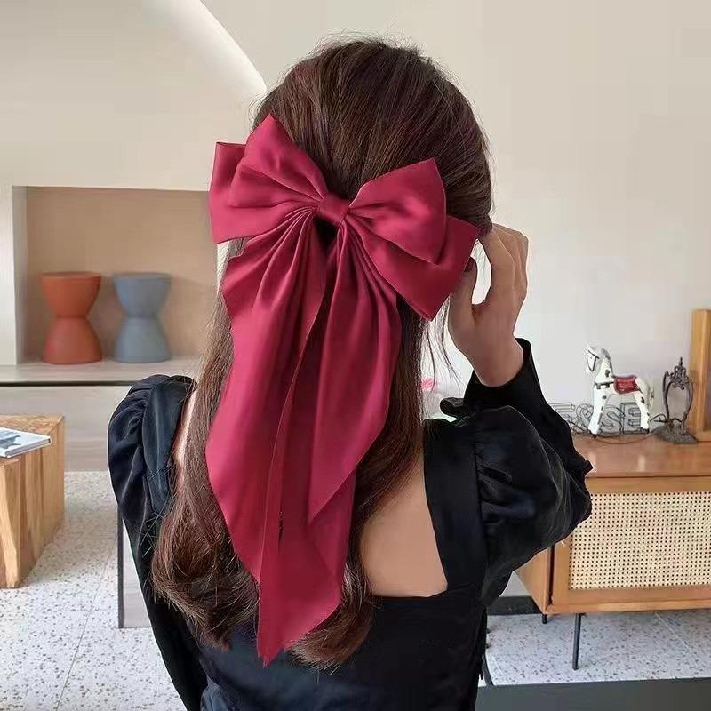 1 Pcs Fashionable Solid Color Ribbon Bow Hair Clip Women's Elegant Long Satin Large Bow Spring Clip Hair Accessory Top Clips