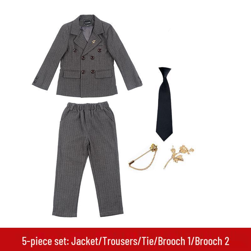 British Style Double-Breasted Boys' Three-Piece Striped Suit Set for Spring and Autumn